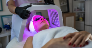 a woman lying on the massage be getting LED light therapy