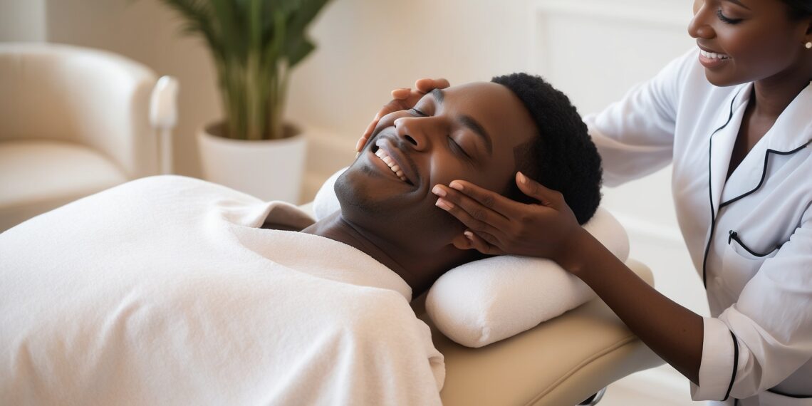 a man getting a facial by the aesthetician