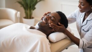 a man getting a facial by the aesthetician