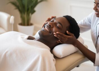 a man getting a facial by the aesthetician